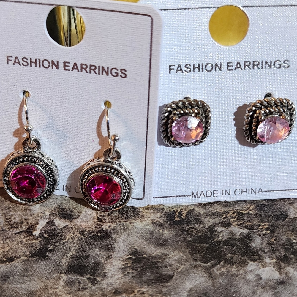 2 Pairs Fashion Earrings Silver Tone Pink Rhinestone Stud & Red Rhinestone Drop